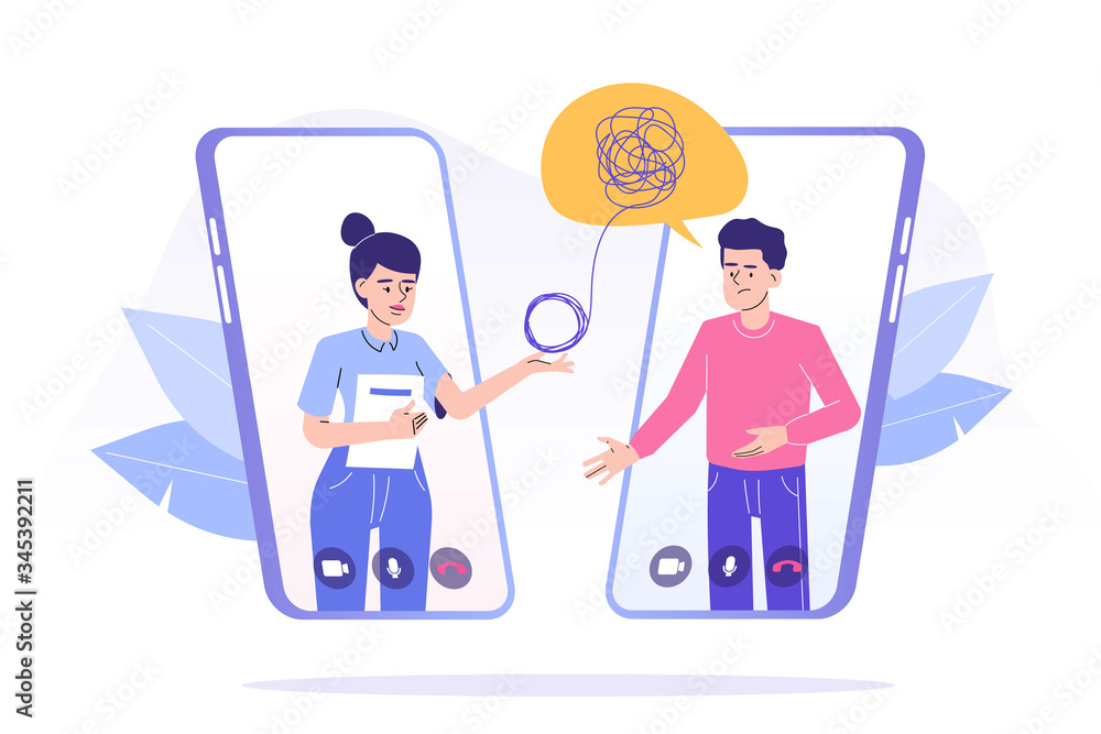 Online psychotherapy concept. Female psychotherapist helping patient by video call through smartphone. Man talking to psychologist. Psychological counseling services. Isolated vector illustration