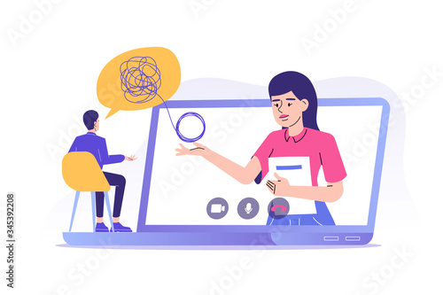 Online psychotherapy concept. Female psychotherapist helping patient by video call. Man talking to psychologist. Psychological counseling services. Therapy session. Isolated modern vector illustration