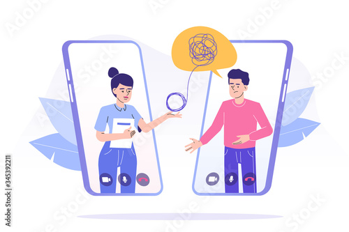 Online psychotherapy concept. Female psychotherapist helping patient by video call through smartphone. Man talking to psychologist. Psychological counseling services. Isolated vector illustration © Muqamba
