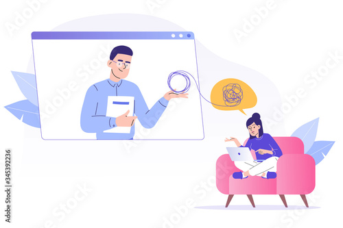 Online psychotherapy concept. Male psychotherapist helping patient by video call. Woman talking to psychologist. Psychological counseling services. Therapy session. Isolated modern vector illustration