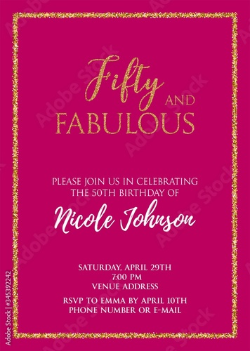 Fifty and Fabulous. Birthday party vector printable invitation card with golden glitter elements.