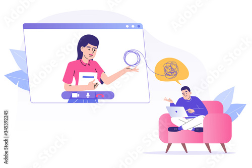 Online psychotherapy concept. Female psychotherapist helping patient by video call. Man talking to psychologist. Psychological counseling services. Therapy session. Isolated modern vector illustration