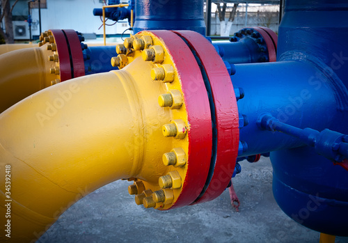 Canvas Print Main pipeline, flange connection with gate valve.