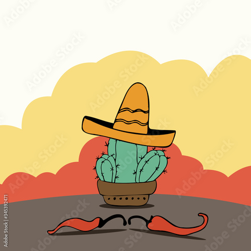 Hand drawn children style illustration. Cactus with sombrero.