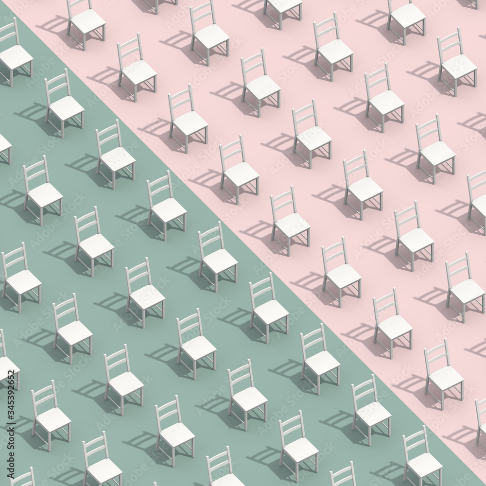 Social distance of many chair safe covid-19 spread air zone on pastel background with 3d rendering.