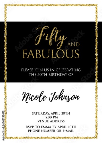 Fifty and Fabulous. Birthday party vector printable invitation card with golden glitter elements.