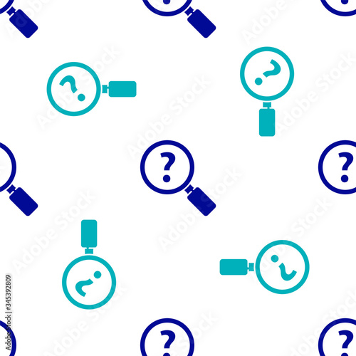 Blue Unknown search icon isolated seamless pattern on white background. Magnifying glass and question mark.  Vector Illustration