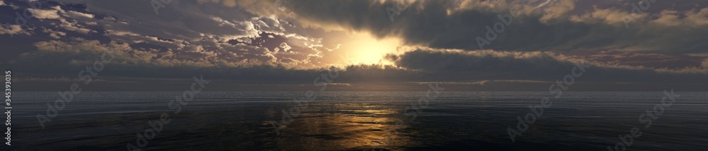 Stormy sunset over the sea, the sun among thunderclouds above the water, 3D rendering