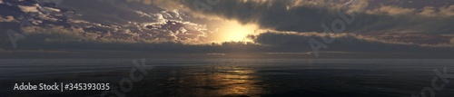 Stormy sunset over the sea, the sun among thunderclouds above the water, 3D rendering