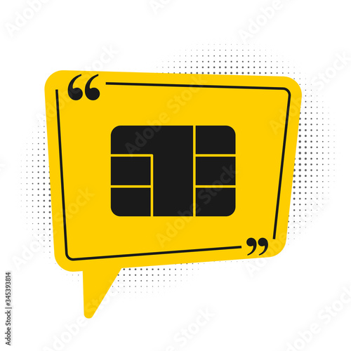 Black Credit card with chip icon isolated on white background. Contactless payment. Yellow speech bubble symbol. Vector Illustration
