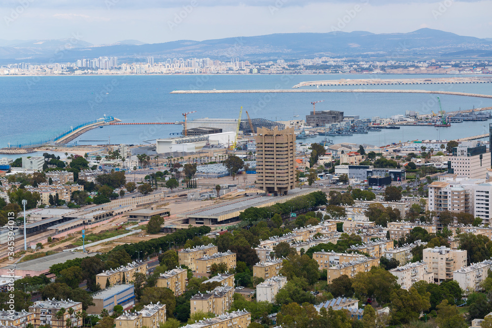 High angle view from Mount Carmel over the Mediterranean Sea and a naval port, port of Israel in Haifa. Travel concept