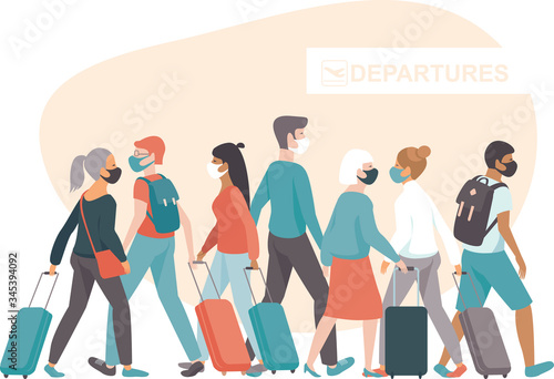 Crowd of passengers wearing protective medical masks in airport departure area. Travel during coronavirus COVID-19 disease outbreak.