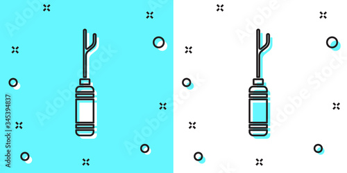 Black line Awl tool with wooden handle icon isolated on green and white background. Work equipment tailor industry. Random dynamic shapes. Vector Illustration