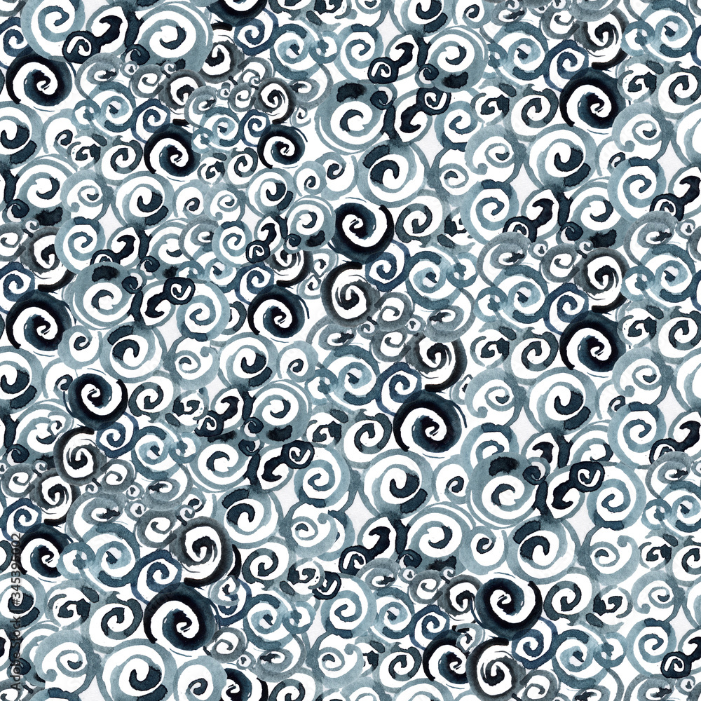 Seamless pattern with watercolor curls. Abstract work with patterns of spirals. Dark pattern on a white background.