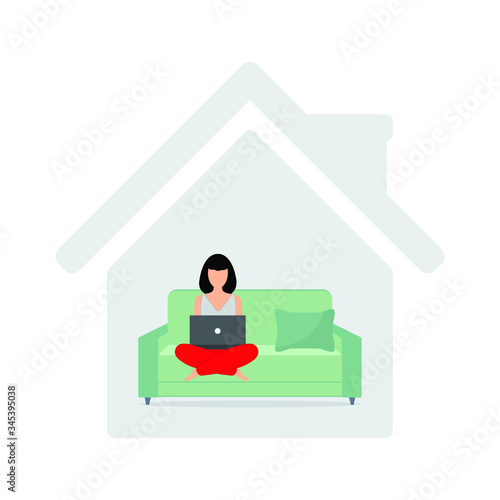 work at home. stay home girl or wooman with laptop on sofa icon  sign lockdown icon quarantine 
