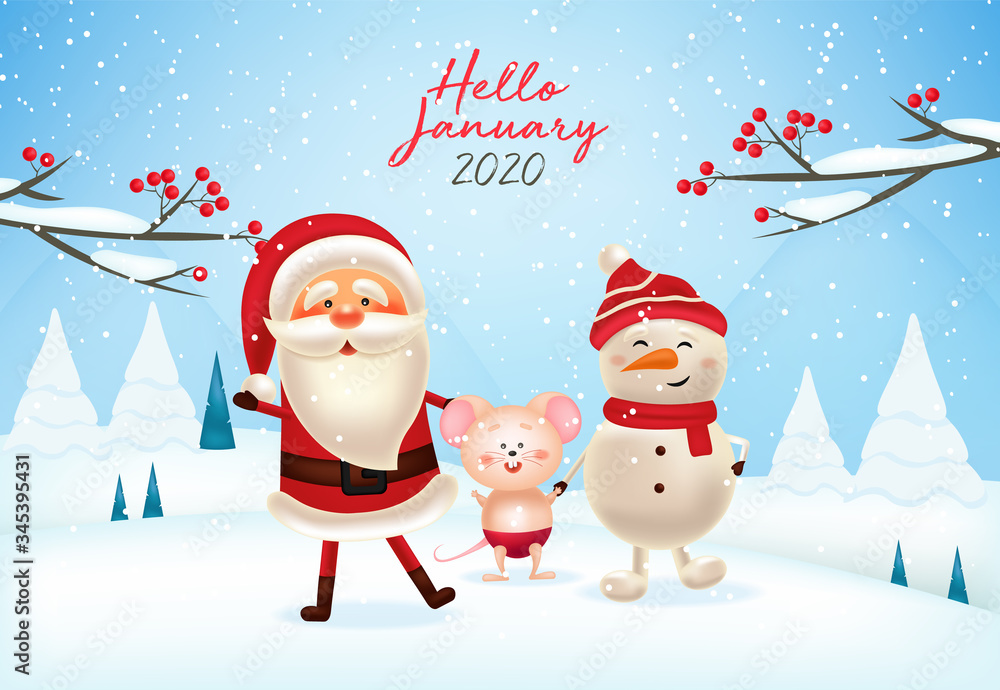 Happy Santa Claus,snowman and cute mouse, merry christmas and happy new year, winter background with snowflakes, realistic santa character, winter banner, holiday background vector Happy Santa Claus,snowman and cute mouse, merry christmas and happy new year, winter background with snowflakes, realistic santa character, winter banner, holiday background vector