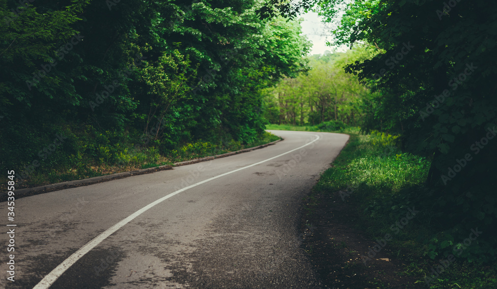 Obraz premium Beautiful narrow winding mountain road with trees and forest in the backgrounds during summer. 