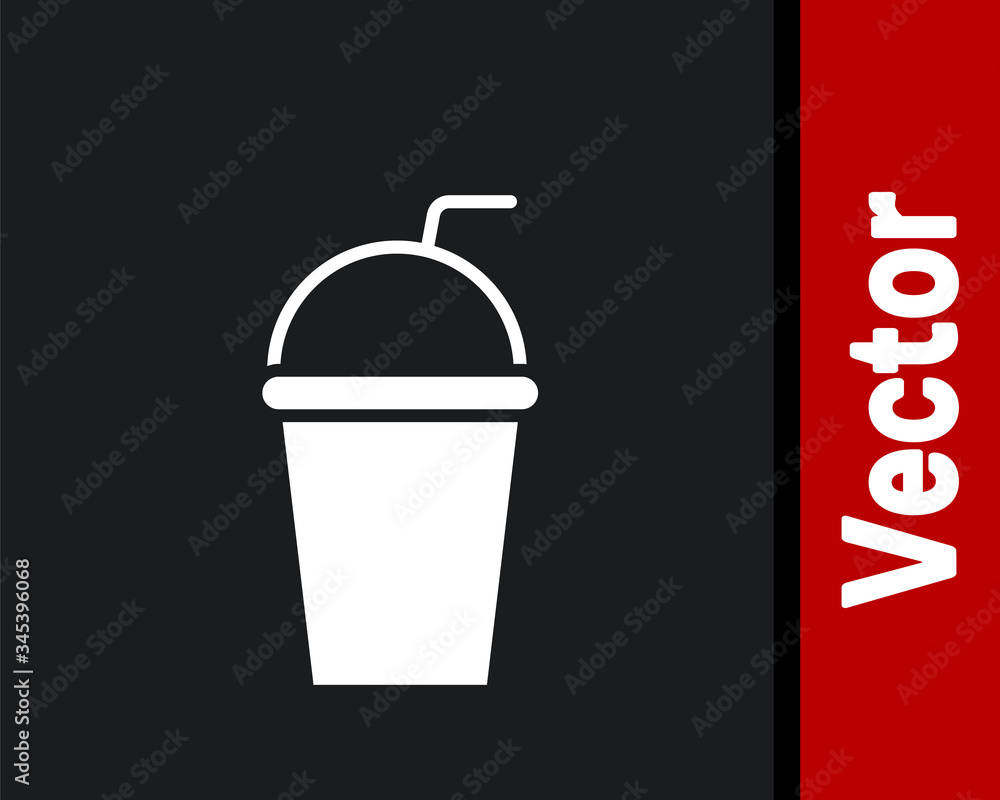 White Paper glass with drinking straw and water icon isolated on black background. Soda drink glass. Fresh cold beverage symbol. Vector Illustration White Paper glass with drinking straw and water icon isolated on black background. Soda drink glass. Fresh cold beverage symbol. Vector Illustration