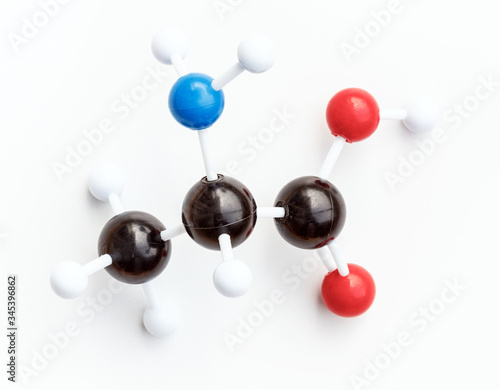 Bild auf Leinwand Plastic ball-and-stick model of a L-Alanine or Alanine (Ala) molecule on a white background