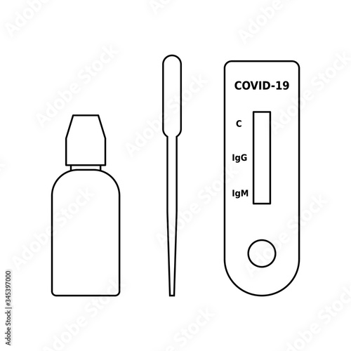 Coronavirus detection one step test kit. Fast Covid 19 diagnostic test line icon. Massive testing of population. Quick antibody detection test. Black outline on white background. Vector, flat,clip art