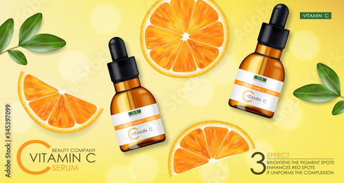 Vitamin C serum, beauty company, skin care bottle, realistic package mockup and fresh citrus, treatment essence, beauty cosmetics, vector banner