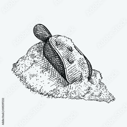 Hand-drawn sketh of flour shovel on a white background. Wheat and Flour ingredient. Wheat and Flour production and making.