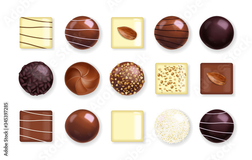 Realistic chocolate set, delicious dessert pattern, valentine's day, love banner, top view chocolate pralines collection, black and white chocolate vector illustration