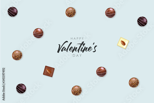 Realistic chocolate set, delicious dessert pattern, valentine's day, love banner, top view chocolate pralines collection, black and white chocolate vector illustration