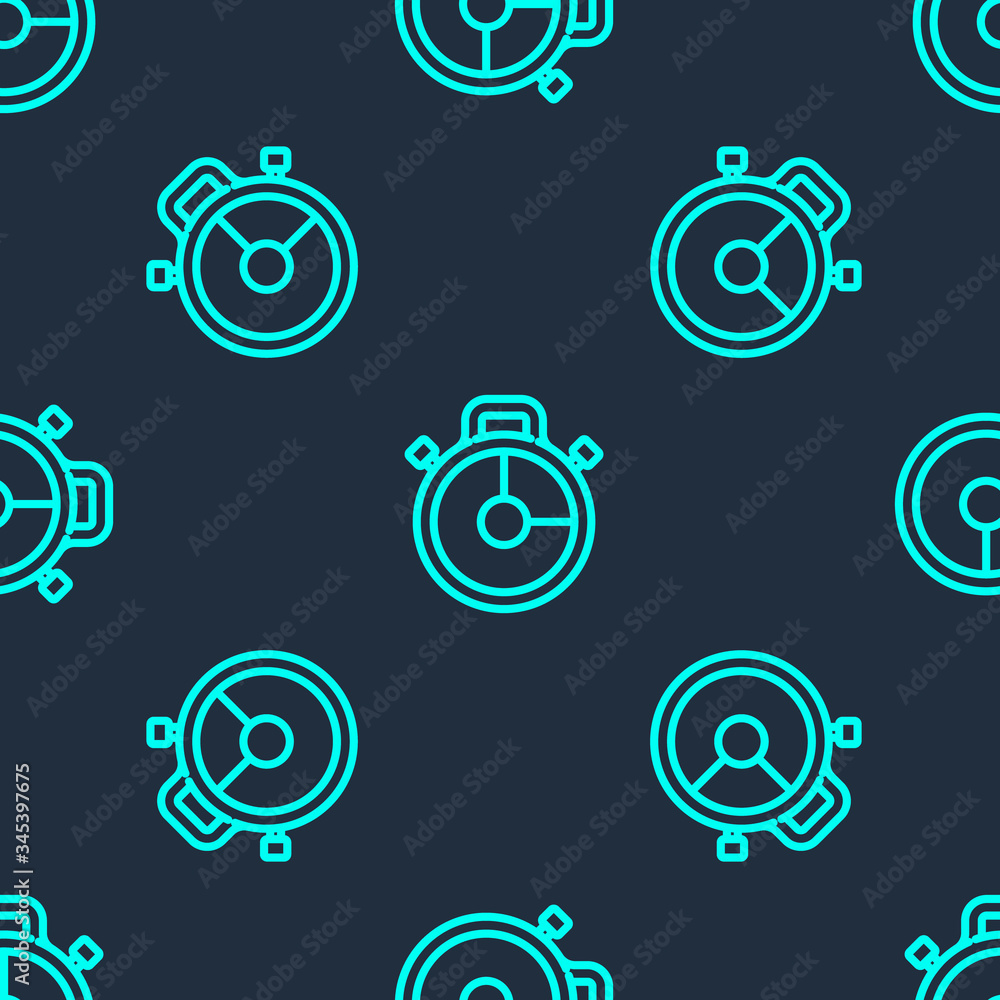 Green line Stopwatch icon isolated seamless pattern on blue background. Time timer sign. Chronometer sign. Vector Illustration Green line Stopwatch icon isolated seamless pattern on blue background. Time timer sign. Chronometer sign. Vector Illustration