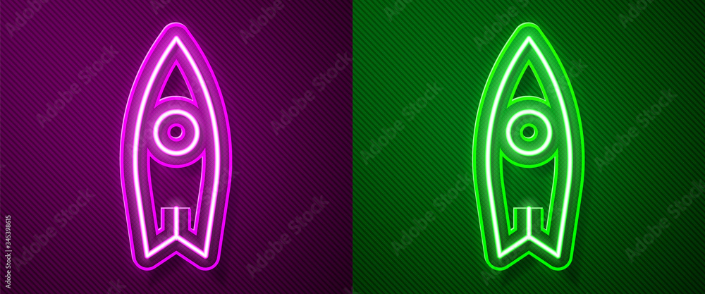 Glowing neon line Surfboard icon isolated on purple and green background. Surfing board. Extreme sport. Sport equipment.  Vector Illustration