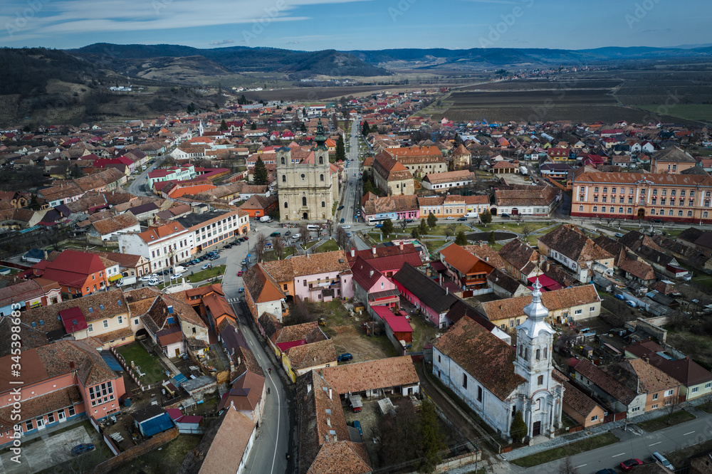 Aeriial view of Dumbraveni city, Transylvania