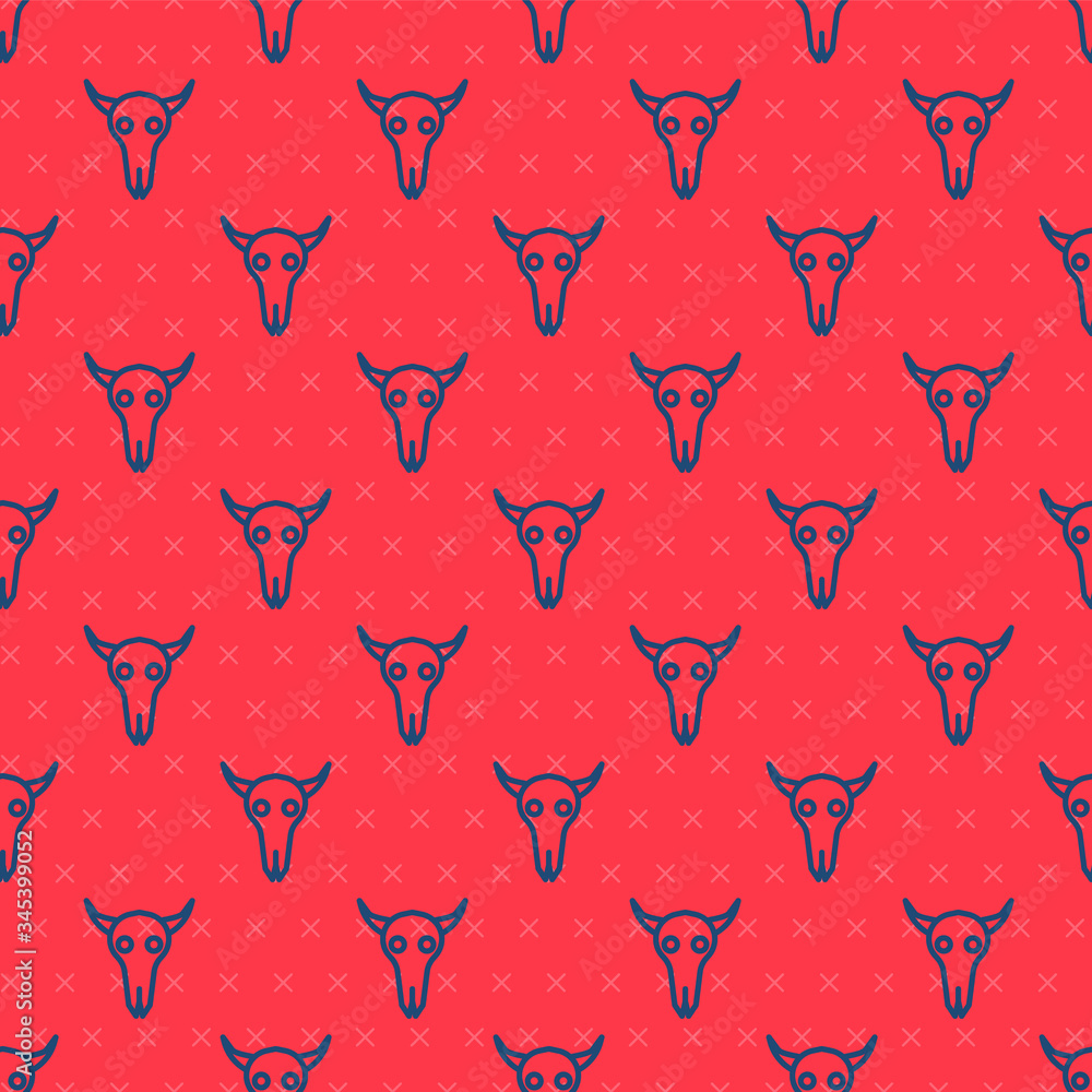 Blue line Buffalo skull icon isolated seamless pattern on red background. Vector Illustration Blue line Buffalo skull icon isolated seamless pattern on red background. Vector Illustration