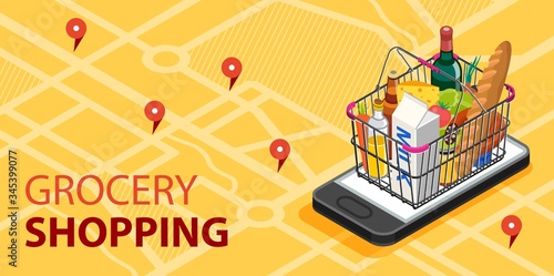 Grocery shopping online concept. Smartphone screen with supermarket basket.