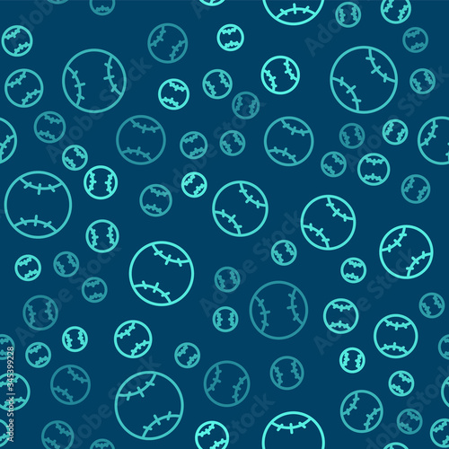 Green line Baseball ball icon isolated seamless pattern on blue background.  Vector Illustration