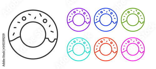 Black line Donut with sweet glaze icon isolated on white background. Set icons colorful. Vector Illustration