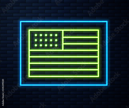 Glowing neon line American flag icon isolated on brick wall background. Flag of USA. United States of America. Vector Illustration