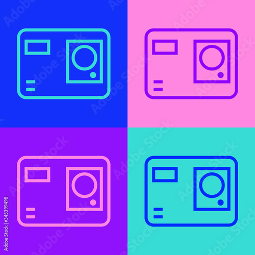 Pop art line Action extreme camera icon isolated on color background. Video camera equipment for filming extreme sports.  Vector Illustration