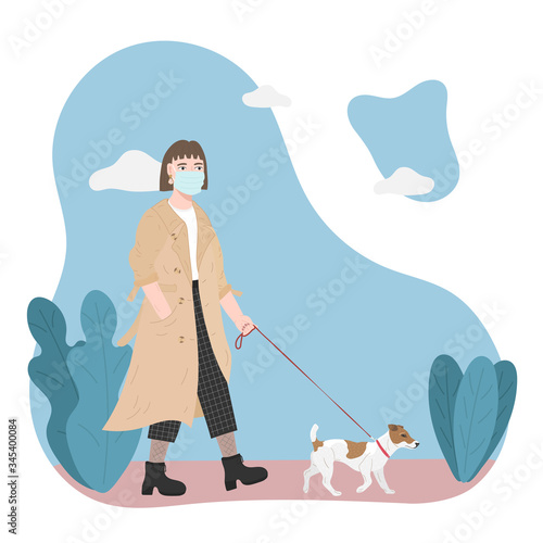 A woman walks with a dog in a mask. Dog walking rules during quarantine. Vector illustration