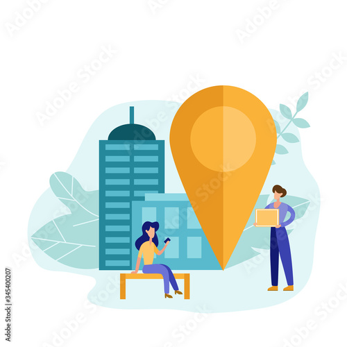 We have moved concept with girl find the address in flat style. Geolocation point marker for navigation system. Transportation vector illustrator