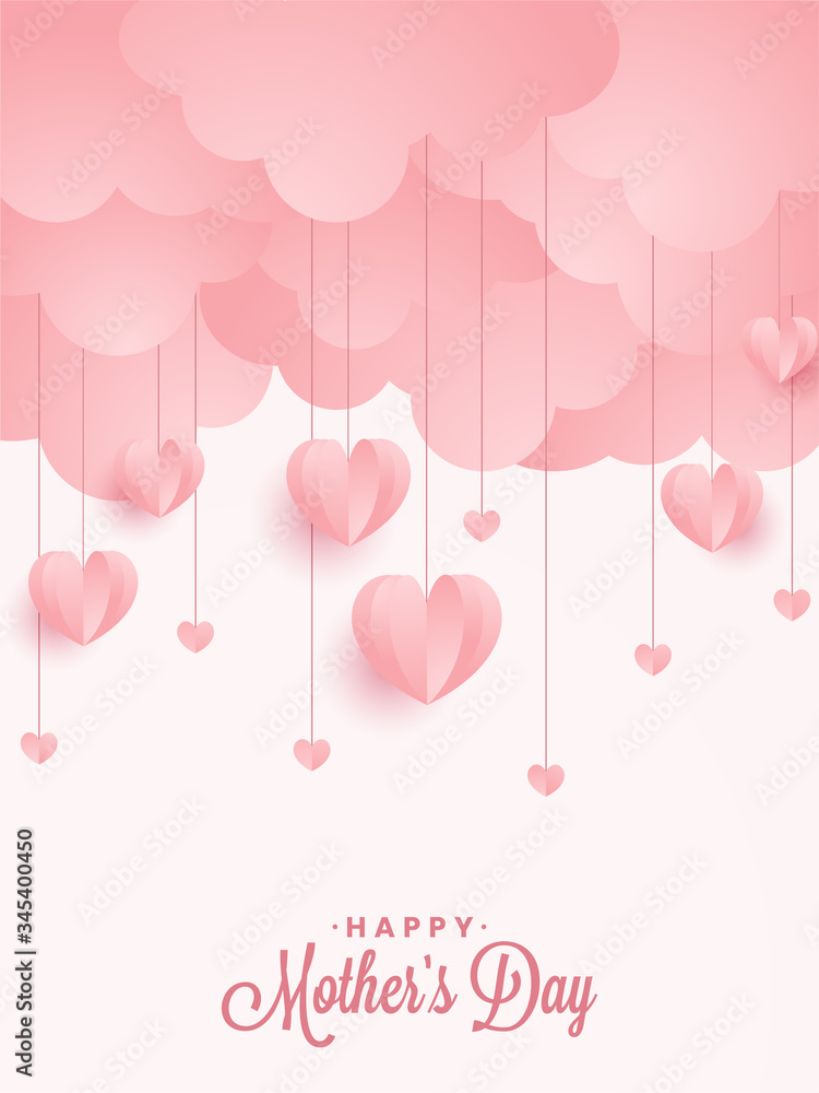 Illustration Pink origami heart hanging on pink clouds on pinkish background. Greeting card or poster design for mother's day or valentine's day. Happy mothers day.