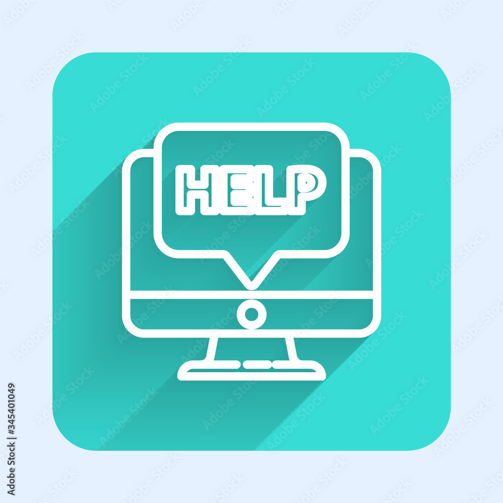 White line Computer monitor and help icon isolated with long shadow. Adjusting, service, setting, maintenance, repair, fixing. Green square button. Vector Illustration