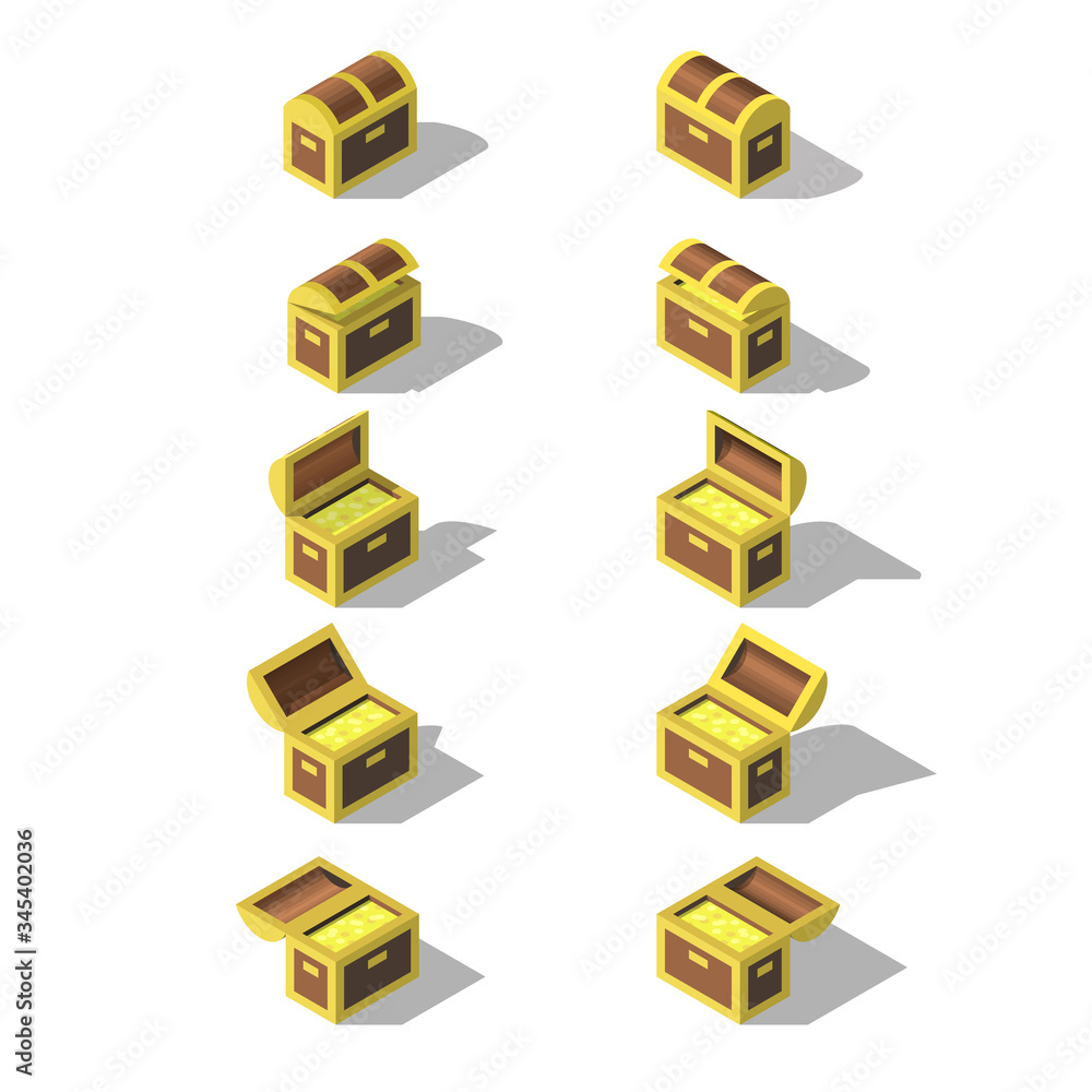 Set of isometric chests full of gold. Flat 3d vector illustration. Open and closed treasure chests.