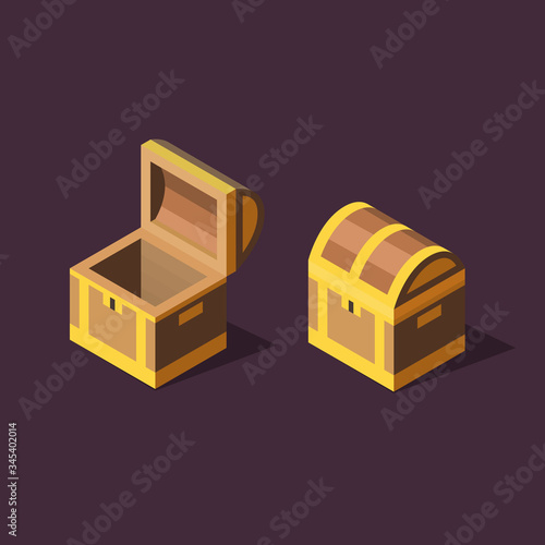 Isometric chest vector illustration. Open and closed treasure chests.