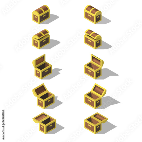 Set of isometric empty chests. Flat 3d vector illustration. Open and closed treasure chests.