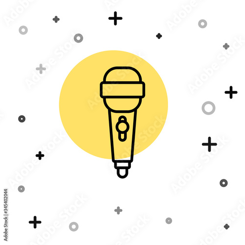 Black line Microphone icon isolated on white background. On air radio mic microphone. Speaker sign. Random dynamic shapes. Vector Illustration
