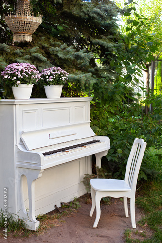 White piano and chairs with romantic decor in summer in garden. Decor for a wedding or a romantic dinner. Grand piano decorated with flowers stands in outdoors. Garden decoration.  rustic. celebration photo