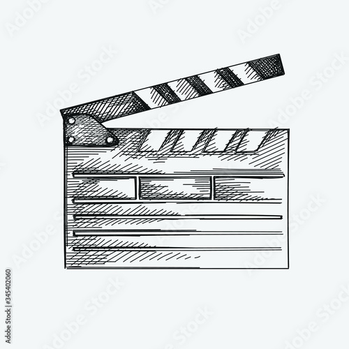 Hand-drawn sketch of clapperboard on a white background. Going to the cinema. Watching a movie. 