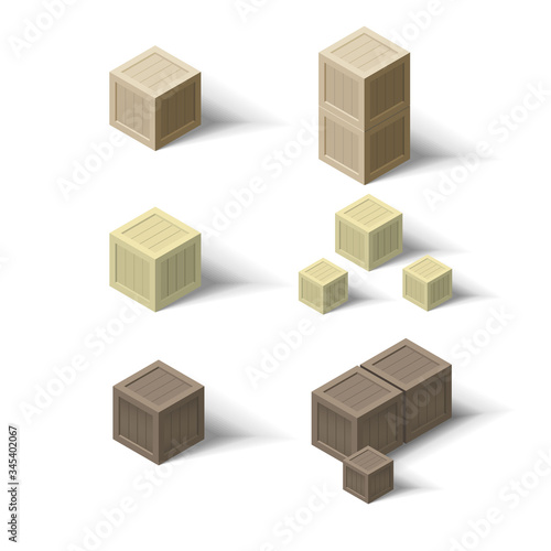 Isometric wooden crates set.