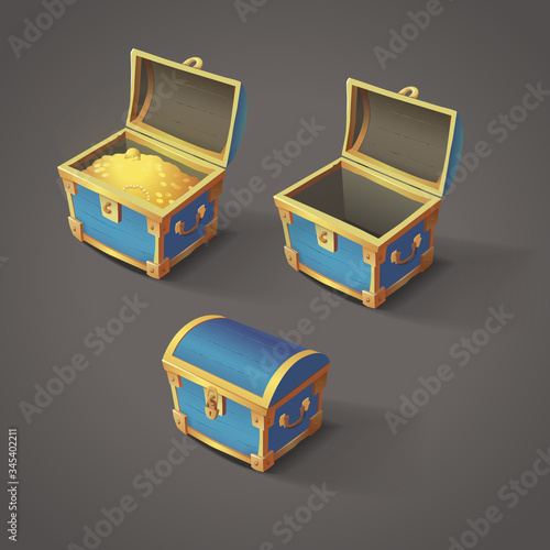 Set of blue chests. Open empty chest, full of gold chest and closed with lock chest. Vector illustration of cartoon treasure chests.