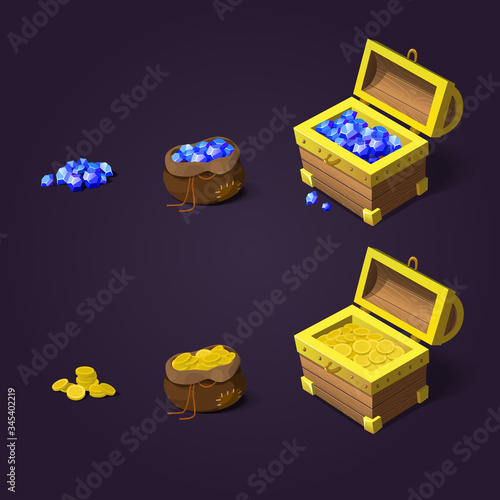 Set of game design treasures. Cartoon chest and bag with golden coins and gemstones.